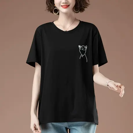 短袖t恤女夏季新款加肥加大码女装宽松纯棉圆领遮肚显瘦半袖体恤商品大图