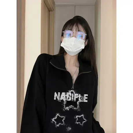 美式hiphop卫衣薄款大码外套女秋Polo领潮ins冷淡系独特别致上衣商品大图