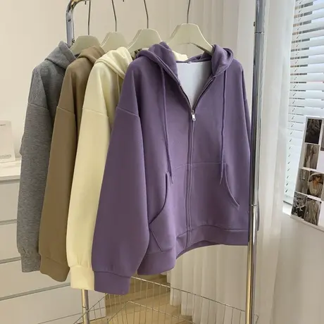 蛇骨纹抽绳连帽卫衣外套女宽松休闲纯色百搭2023春季新款开衫上衣图片