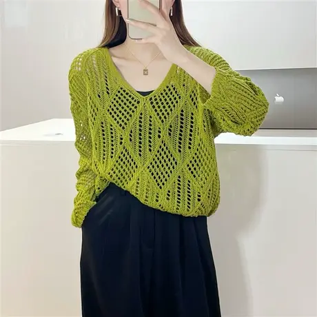 洋气V领镂空针织衫罩衫女薄款春装2023新款套头宽松网衫长袖上衣图片