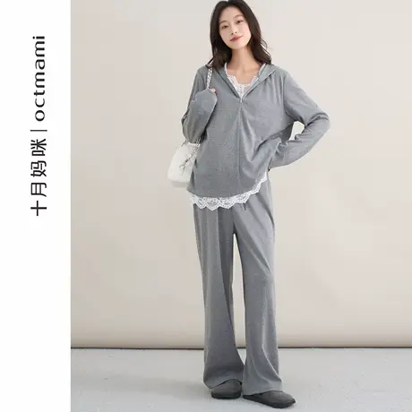 十月妈咪孕妇套装2025新款秋季外穿宽松蕾丝假V领两件套直筒裤子商品大图