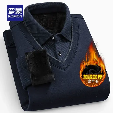 【含羊毛+加绒保暖】罗蒙男士假两件针织衫2025冬季新款百搭毛衣图片