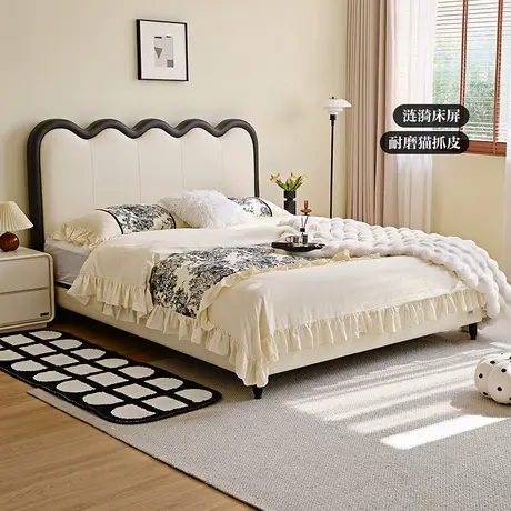全友家居2025新款中古风主卧室大床1米8双人床涟漪1米5猫抓皮床商品大图