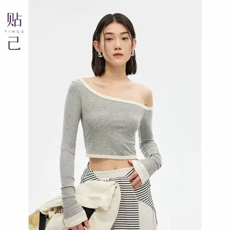 TINGE贴己天丝斜肩露脐短袖T恤女25年早秋新款露肩修身短款上衣商品大图