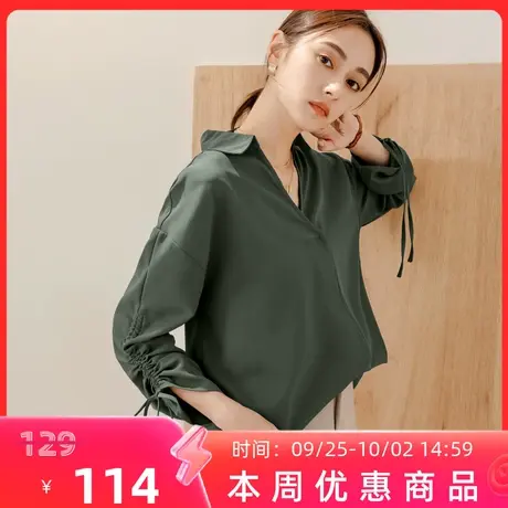 桔熊秋季休闲不易皱翻领衬衫设计感抽皱长袖上衣女装大码AB18939图片