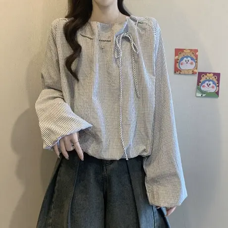 法式独特设计感系带长袖衬衫女2025秋装新款时尚显瘦短款花苞上衣商品大图