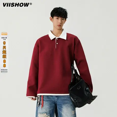 VIISHOW美式痞帅老钱风假两件卫衣男款秋季翻领拼色重磅长袖上衣商品大图