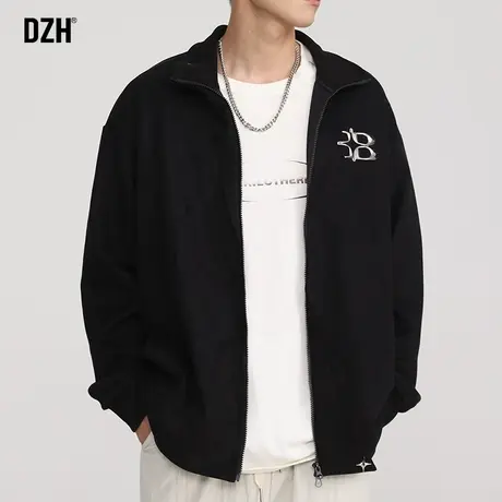 男士黑色麂皮绒外套男春秋潮高级感宽松男装2023新款立领夹克上衣商品大图