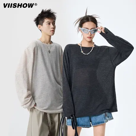 VIISHOW美式微透罩衫长袖T恤男2025年秋季休闲情侣上衣圆领针织衫商品大图