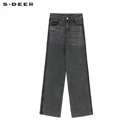 【商场同款】sdeer圣迪奥女高腰撞色做旧牛仔直筒长裤S25180805商品大图