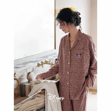 迪士尼豹纹睡衣女春秋季新款莫代尔棉长袖家居服甜美大码开衫套装商品大图