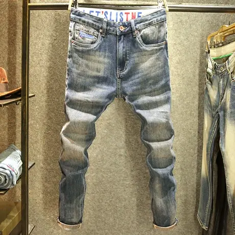 美式怀旧蓝青年牛仔裤男修身小直筒弹力裤子潮牌高档复古休闲长裤商品大图