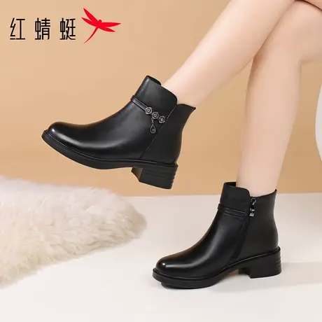 红蜻蜓冬季女鞋靴子女高跟中筒短靴真皮加绒加厚妈妈棉靴皮鞋冬天图片