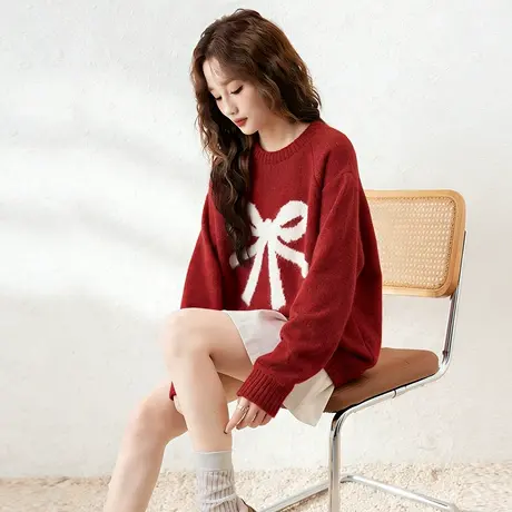 唐狮2026春季女款新年红色针织衫蝴蝶结套头短款毛衫上衣打底衫VB商品大图
