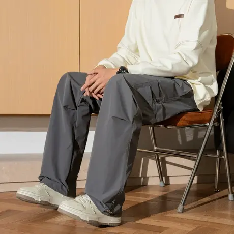 唐狮秋冬新款休闲裤男阔腿长裤黑色速干工装裤褶皱运动裤子潮TE商品大图