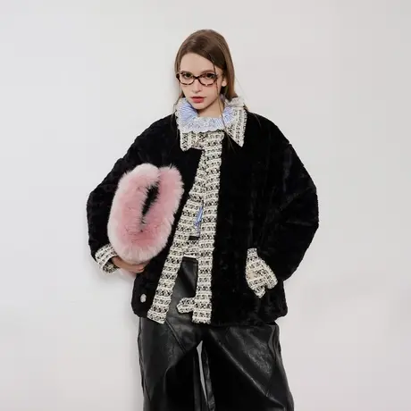 拼接小香风棉服女冬季加厚羊羔毛外套2023年新款复古潮牌宽松棉衣商品大图