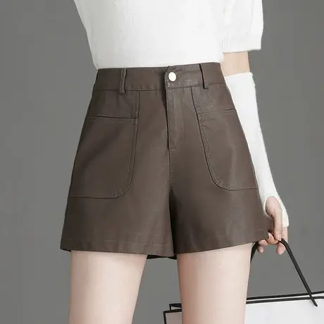 韩版咖色皮短裤女秋冬2023新款气质高腰显瘦a字休闲靴裤阔腿裤子商品大图