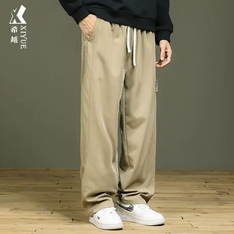 希越卡其色针织休闲裤男士秋季日系工装宽松大码加厚百搭直筒裤子商品大图