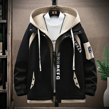 假两件连帽外套男春秋季青少年潮牌潮流百搭夹克初中高中学生衣服商品大图