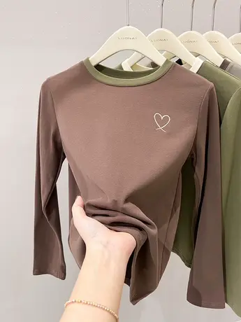 圆领磨毛打底衫女秋冬内搭加绒加厚保暖上衣2023新款长袖t恤女潮商品大图