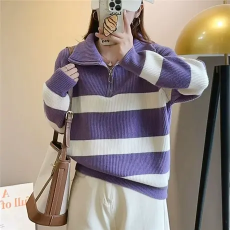 秋冬加厚高领女毛衣2023年新款爆款针织衫条纹慵懒风套头内搭外穿图片