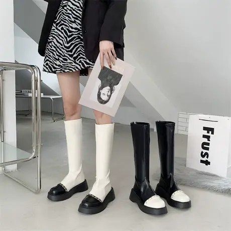 长筒靴女2023春秋季新款超火小众设计感拼色瘦瘦靴松糕厚底骑士靴图片