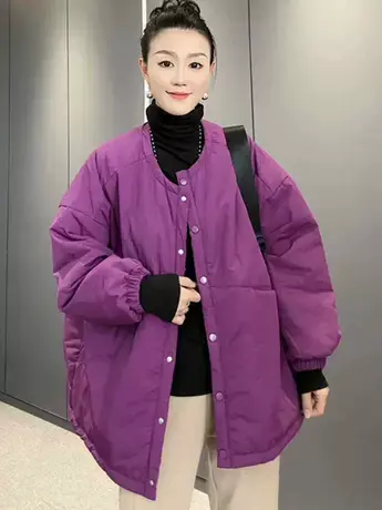 2023秋冬款宽松休闲保暖夹袄韩版圆领简约百搭大版慵懒风棉服外套商品大图