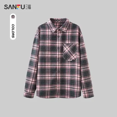 三福2023冬男士美拉德条纹格子长衬衫 学院宽松纯棉上衣478817商品大图