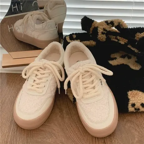 Betoo 暖板鞋加绒帆布鞋女2022年秋冬新款二棉鞋女冬季毛绒小白鞋商品大图