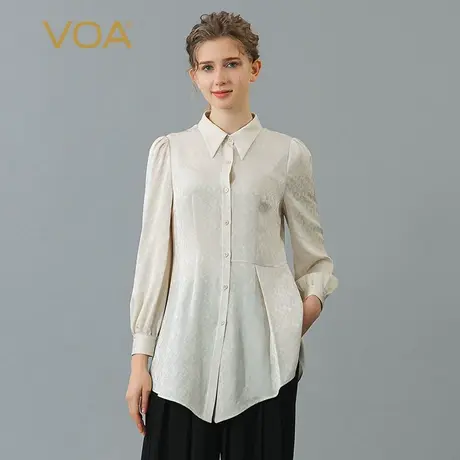 VOA阳光米黄提花桑蚕丝Polo领九分袖宽松不对称活页休闲真丝衬衣图片