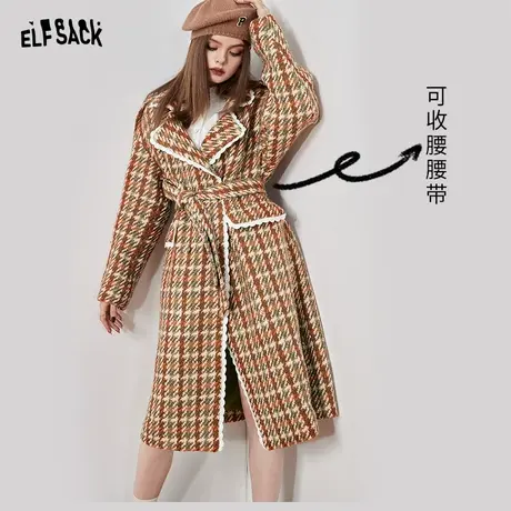 妖精的口袋小香风毛呢大衣女2022秋冬季新款格子中长款粗花呢外套图片