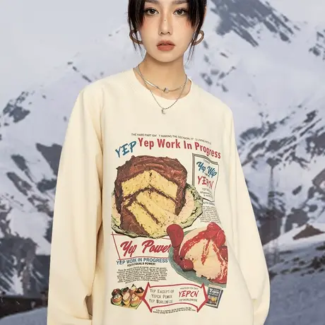 YEP美式复古卫衣女2023年新款春秋慵懒风宽松圆领ins上衣时尚洋气商品大图