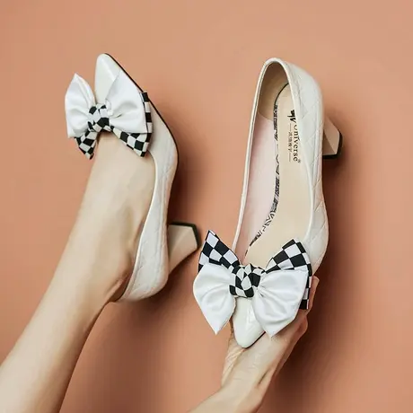 里外真皮高跟尖头粗跟单鞋蝴蝶结压花牛漆皮高跟女鞋亮皮优雅单鞋商品大图