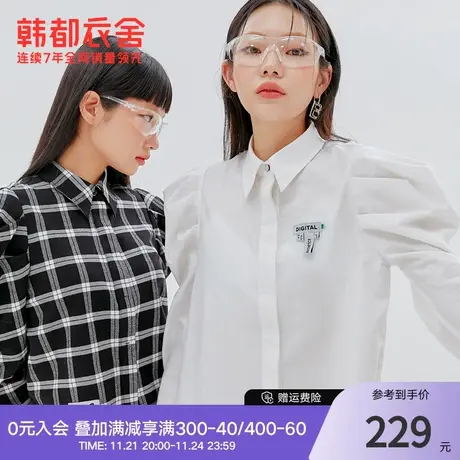 韩都衣舍秋冬衬衫女设计感泡泡袖纯色百搭上衣图片