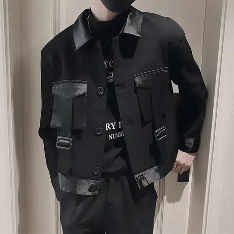 潮牌机车夹克男春秋季痞帅气男装2023新款潮牌高级感痞帅拼接外套商品大图