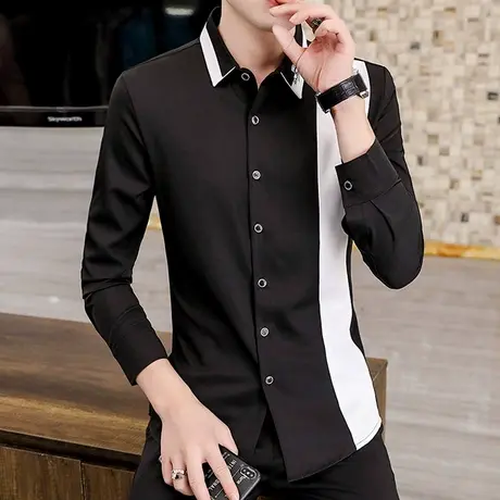 痞帅个性拼色秋冬季长袖衬衫男士潮流韩版加绒加厚冬装保暖衬衣服图片