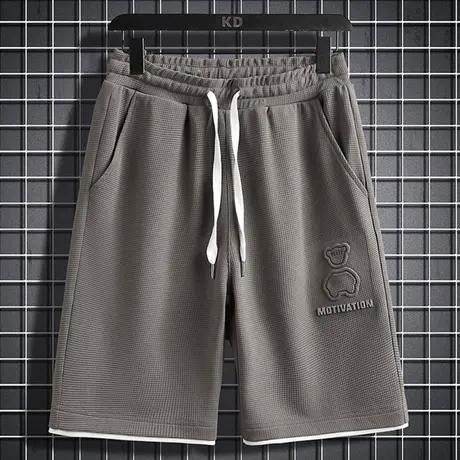 运动短裤男夏季薄款宽松直筒五分裤个性小熊华夫格休闲沙滩裤中裤商品大图