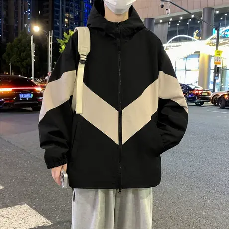 外套男春秋款潮牌潮流拼接撞色夹克新款连帽宽松青少年防风冲锋衣商品大图