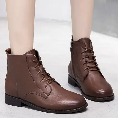 2024冬季新款真皮大码女短靴40一43显脚小系鞋带马丁靴女加绒女靴商品大图