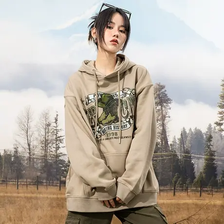 YEP美式复古oversize落肩卫衣女春秋薄款宽松bf慵懒风连帽外套潮商品大图