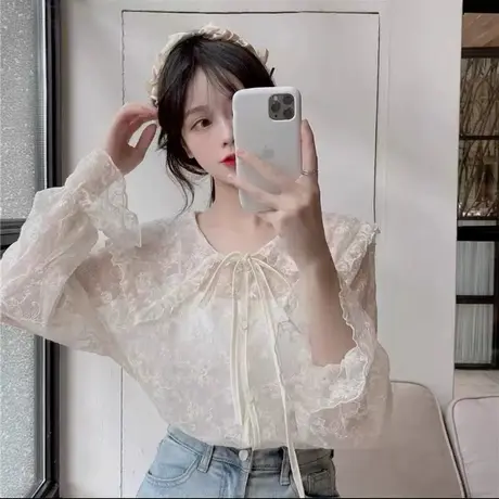 超仙甜美蕾丝衬衫女2022秋季新品减龄娃娃领韩版百搭打底衫上衣图片