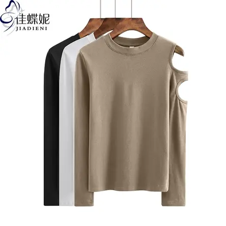 春季新款韩版纯棉圆领露肩修身纯色简约长袖体恤上衣内搭打底衫女商品大图