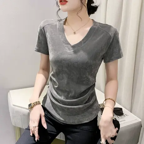 欧货气质丝绒短袖上衣女夏装时尚褶皱收腰V领T恤修身百搭显瘦小衫商品大图