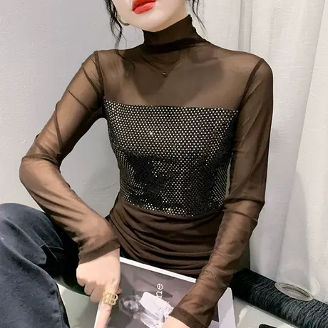 时尚网纱半高领T恤女长袖欧货烫钻钉珠拼接上衣洋气修身透气小衫商品大图