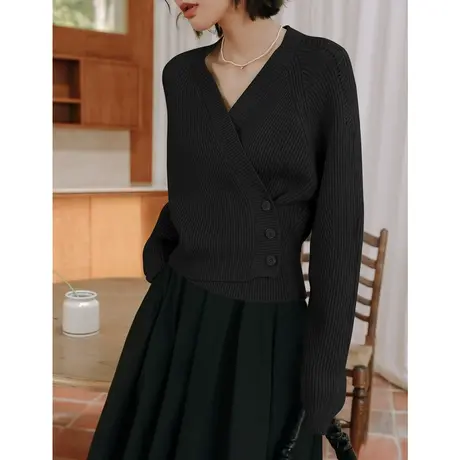 弥古黑色毛衣交叉v领针织衫女设计感小众高级感长袖秋冬法式上衣商品大图