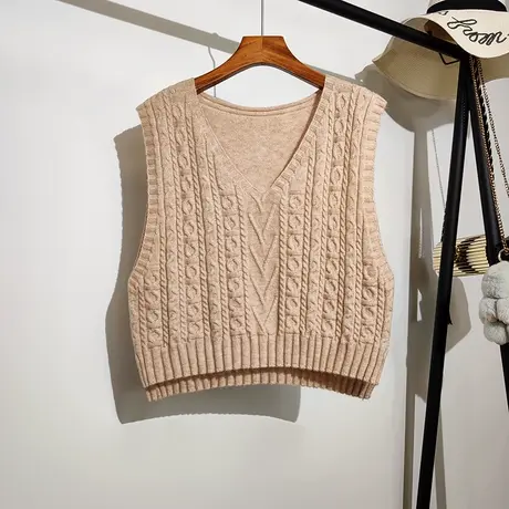 针织马甲女宽松外穿秋冬新款复古文艺慵懒风无袖v领叠穿毛衣背心图片