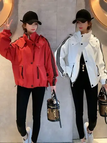 连帽短外套女2023春季新款欧货复古拼接三道杠条纹宽松休闲夹克潮商品大图