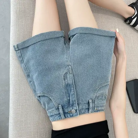 蓝色高腰牛仔短裤女夏季薄款复古宽松显瘦a字小个子阔腿辣妹热裤商品大图