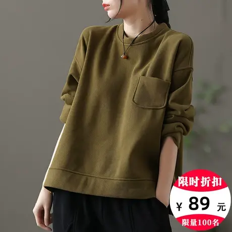 dza 圆领套头加厚加绒卫衣女士冬装新款漂亮内搭口袋上衣宽松长袖图片