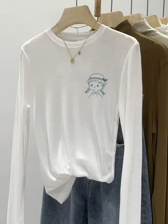 春秋装欧货白色仿棉长袖t恤女冬季欧洲站潮牌德绒内搭打底衫上衣商品大图